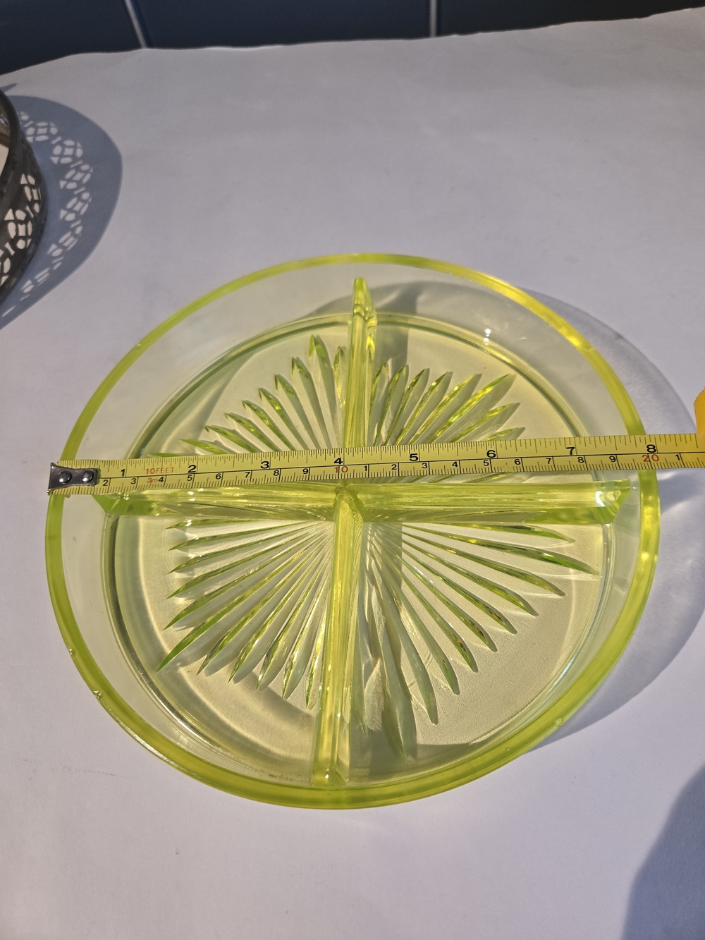 Vintage Yellow Vaseline Uranium Divided Glass Server with Metal Basket - Picture 3 of 11